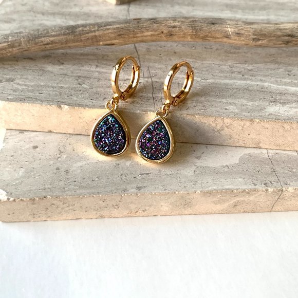 Purple Druzy Droplet Gold Huggie Earrings - Picture 6 of 6